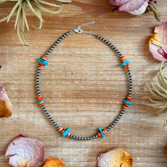 Sterling Silver Pearl Necklace with Orange Spiny Oyster & Sleeping Beauty Turquoise Chips – 14.5”