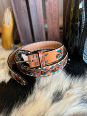 Turquoise and White Tooled Belt