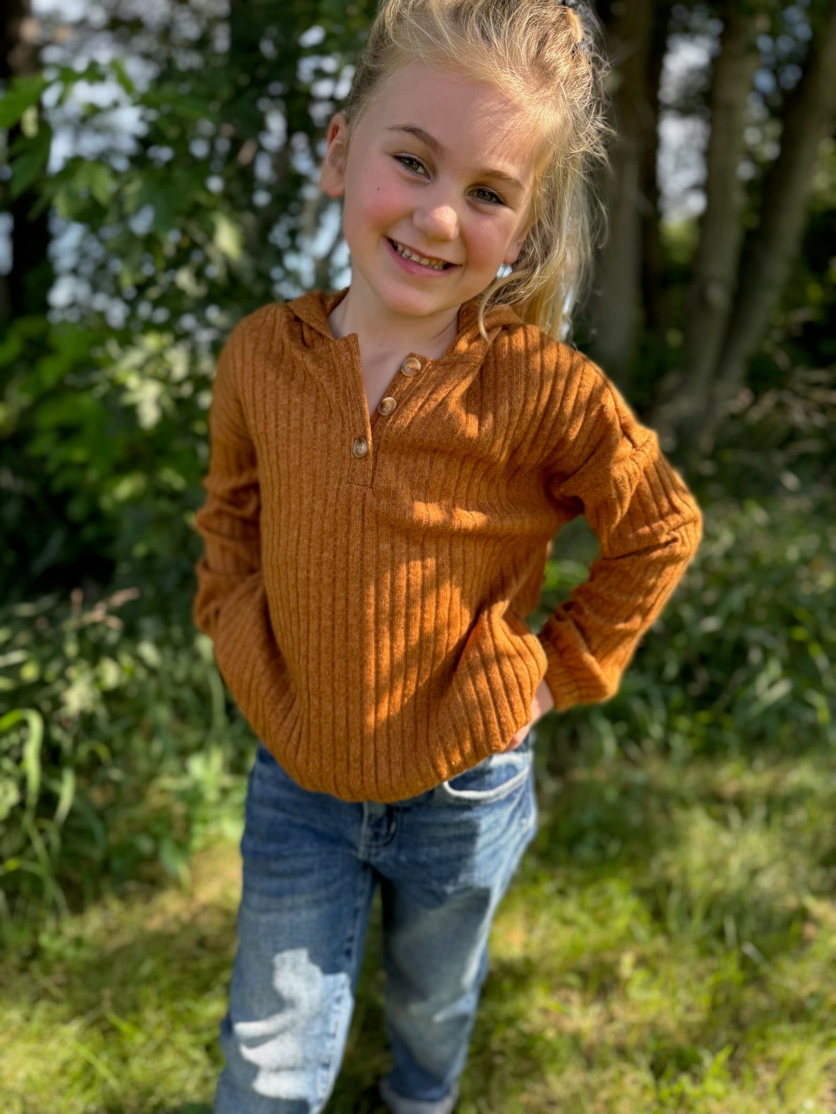 Girls Ribbed Button Up Hoodie