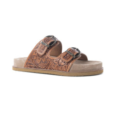 Myra Desert Fern Handtooled Leather Sandals in Autumn Tan