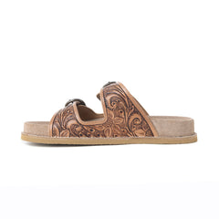 Myra Willow Bloom Handtooled Leather Sandals in Ashen Brown