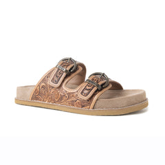 Myra Willow Bloom Handtooled Leather Sandals in Ashen Brown